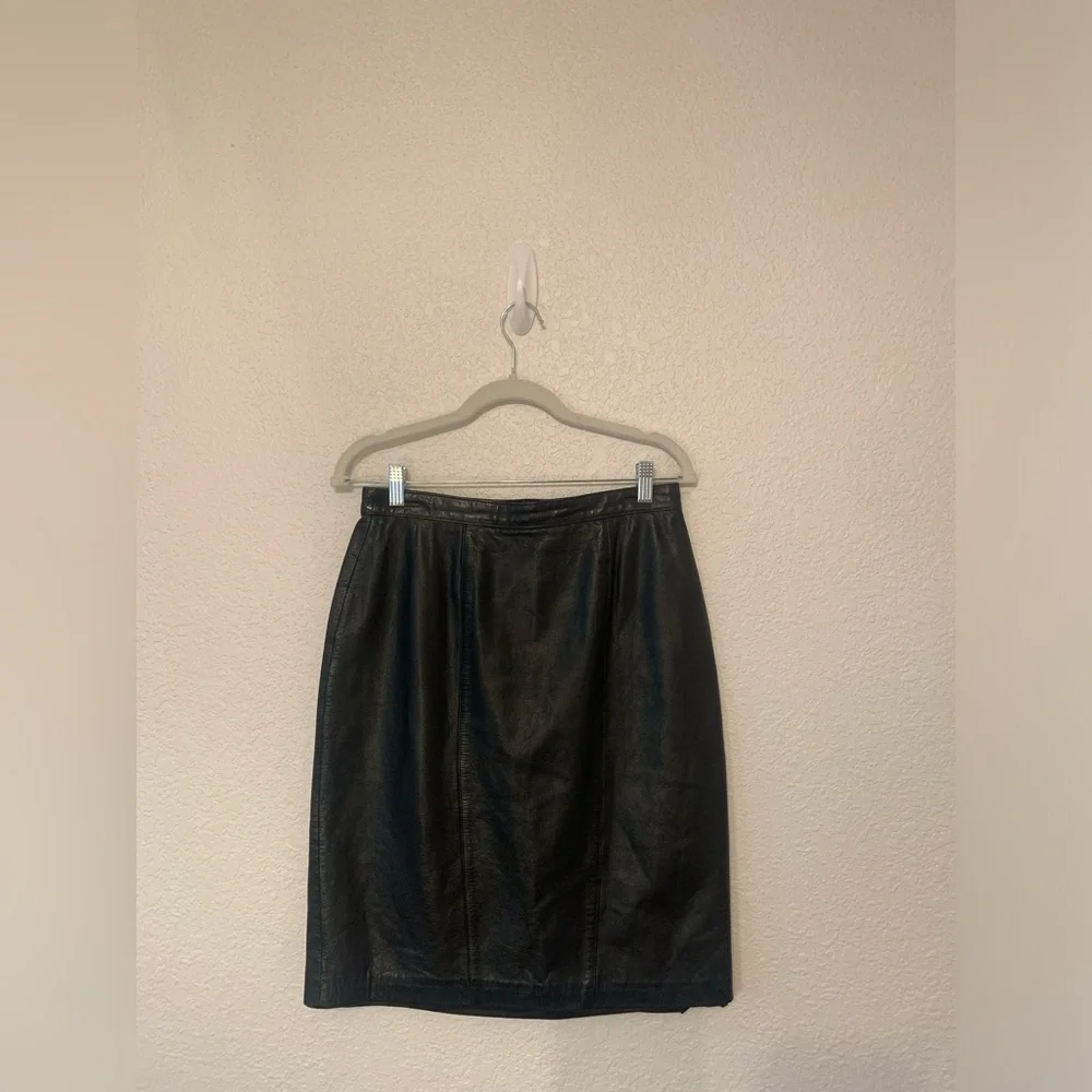 Vintage Evan Davies 100% Soft Cow Leather Black Pencil Skirt Petites Size 12